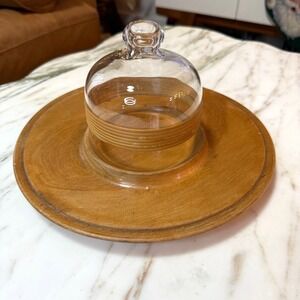Vintage Mid Century Wood Cheese Board with Glass Dome Cloche, 1960s Serving Tray